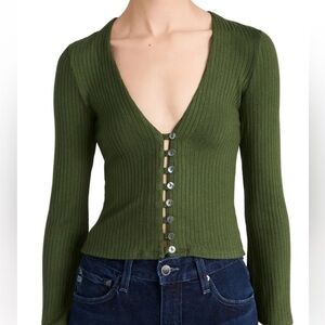 Reformation Gellar Green Ribbed Button-Up Top Size Medium